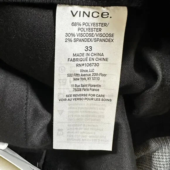 Vince Glen Plaid Griffith Pants in Medium Heather Gray Men's Sz 33 New With Tags